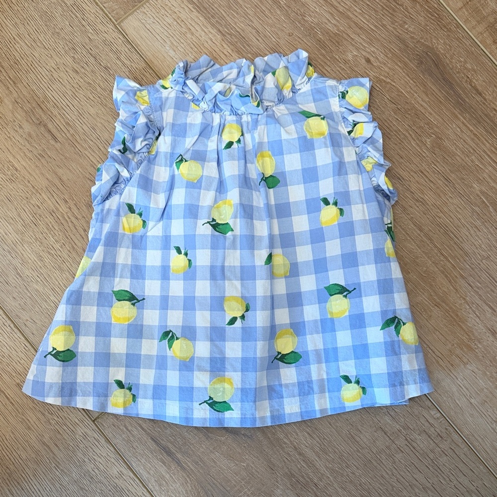 Blue Gingham Lemon Print Ruffle Top